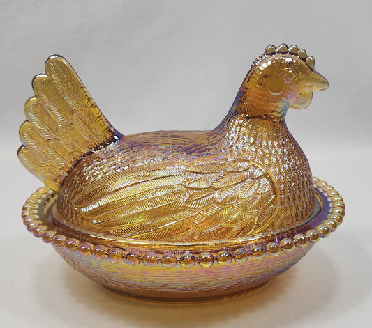 Vintage Indiana Iridescent Amber Carnival Glass Hen on Nest