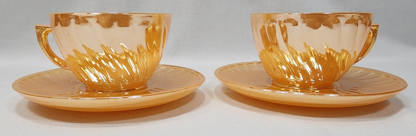 vintage glasbake swirl pattern peach luster cup and saucer pair