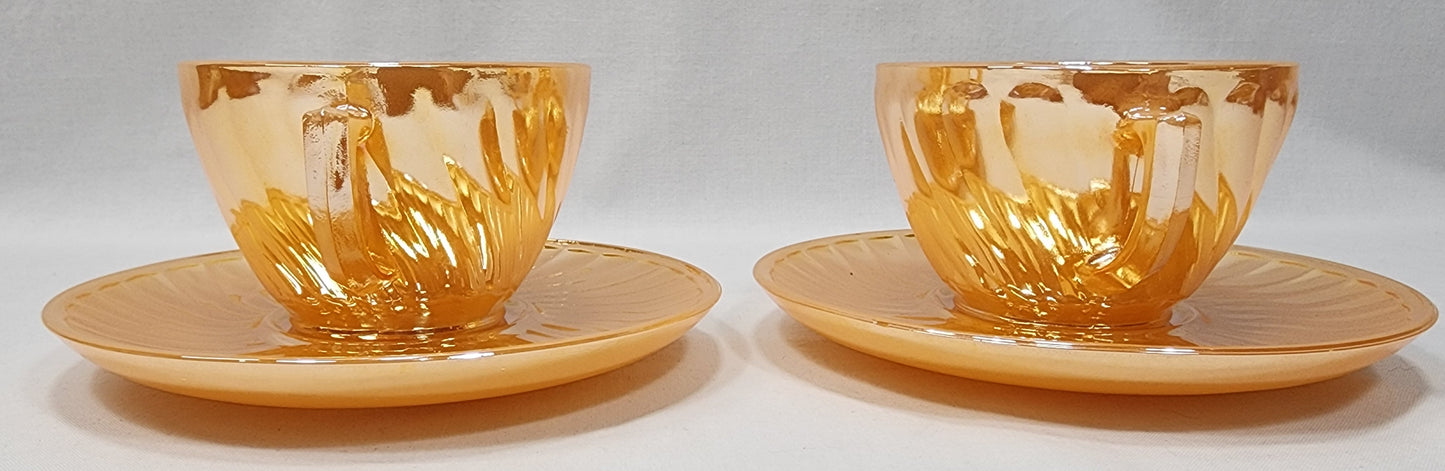 vintage glasbake swirl pattern peach luster cup and saucer pair