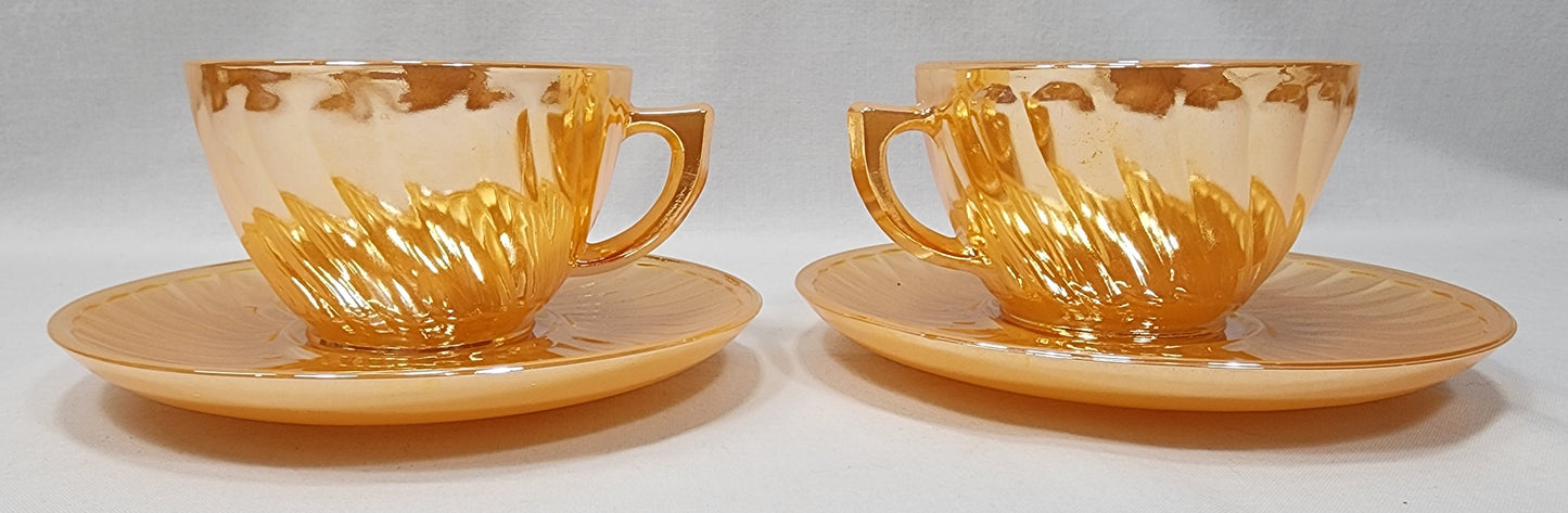 vintage glasbake swirl pattern peach luster cup and saucer pair