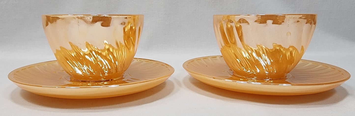 vintage glasbake swirl pattern peach luster cup and saucer pair