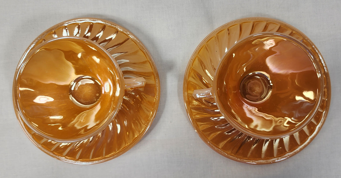 vintage glasbake swirl pattern peach luster cup and saucer pair