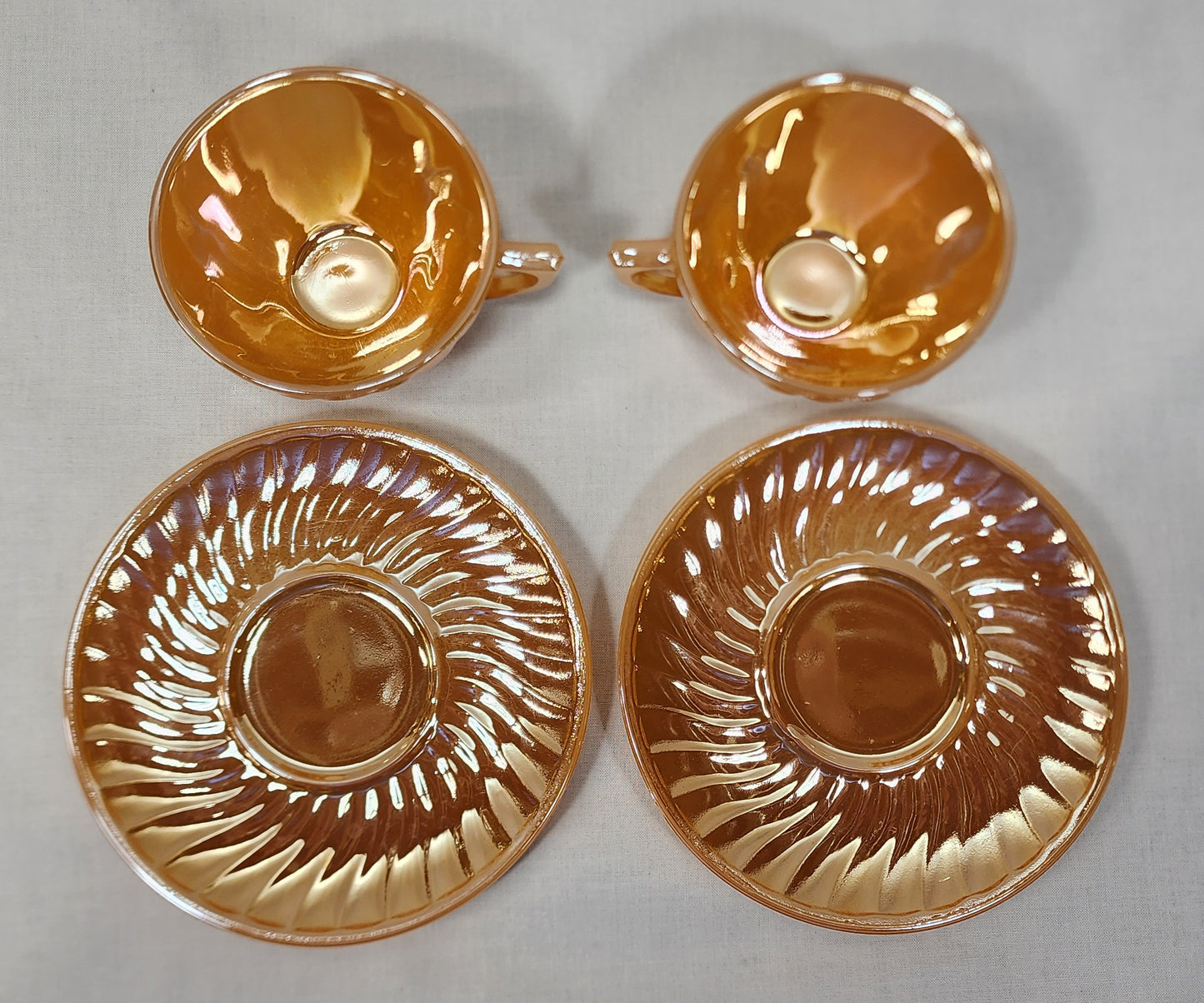 vintage glasbake swirl pattern peach luster cup and saucer pair