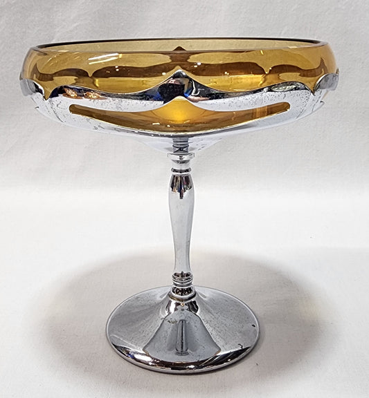 Art Deco Cambridge Amber Glass and Farberware Chrome Compote