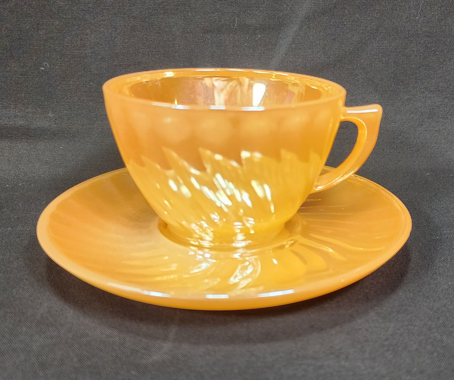 vintage glasbake swirl pattern peach luster cup and saucer pair