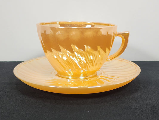 vintage glasbake swirl pattern peach luster cup and saucer pair