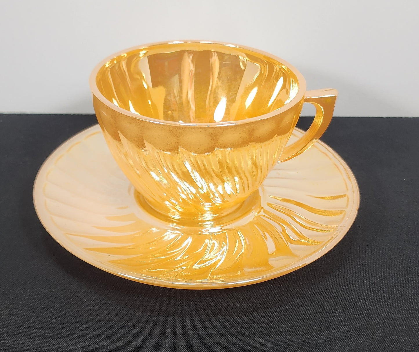 vintage glasbake swirl pattern peach luster cup and saucer pair