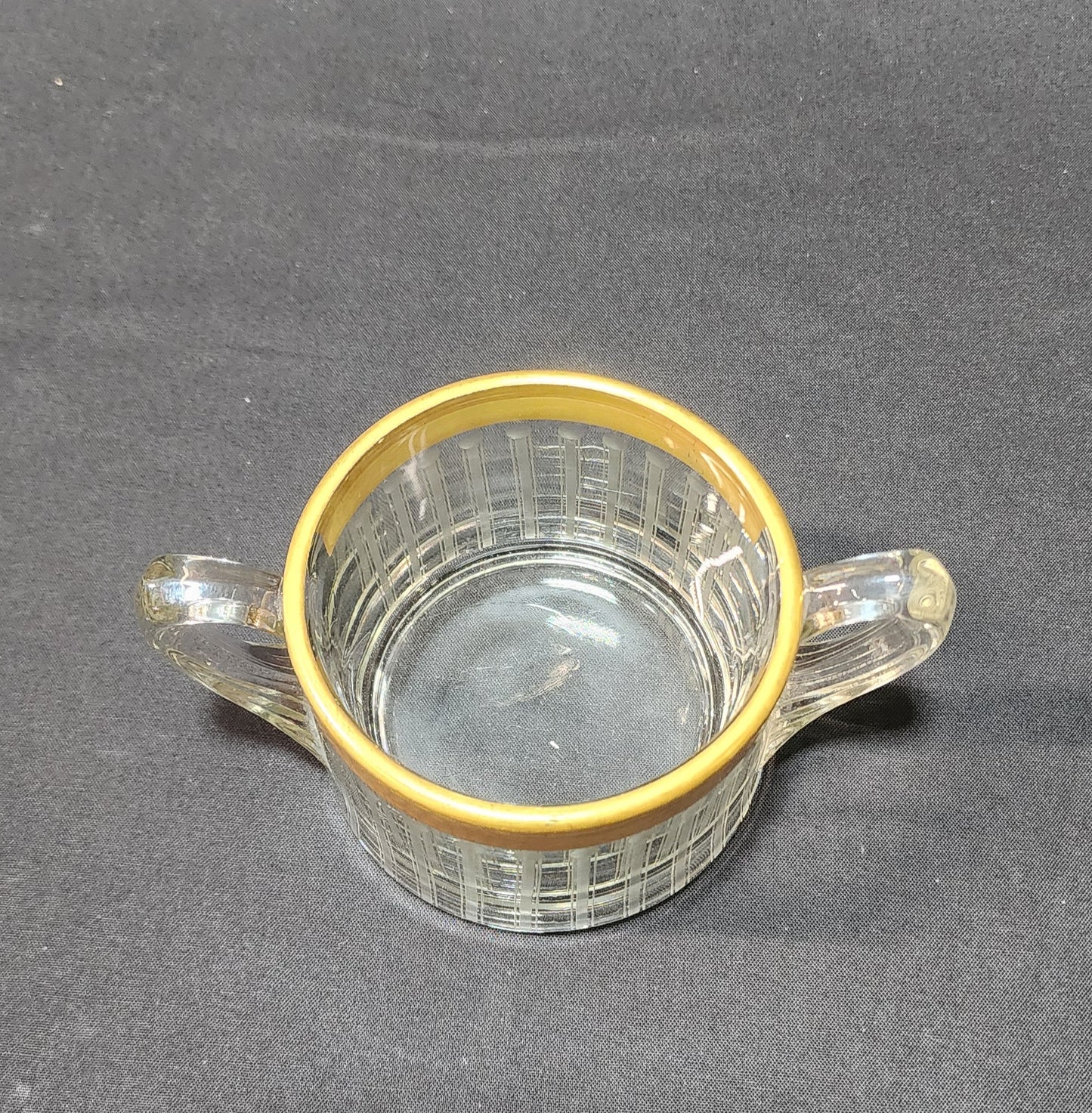 Heisey Open Sugar Bowl Heavy Gold Trim Vertical Etching in the Art Deco Style