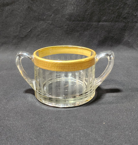 Heisey Open Sugar Bowl Heavy Gold Trim Vertical Etching in the Art Deco Style