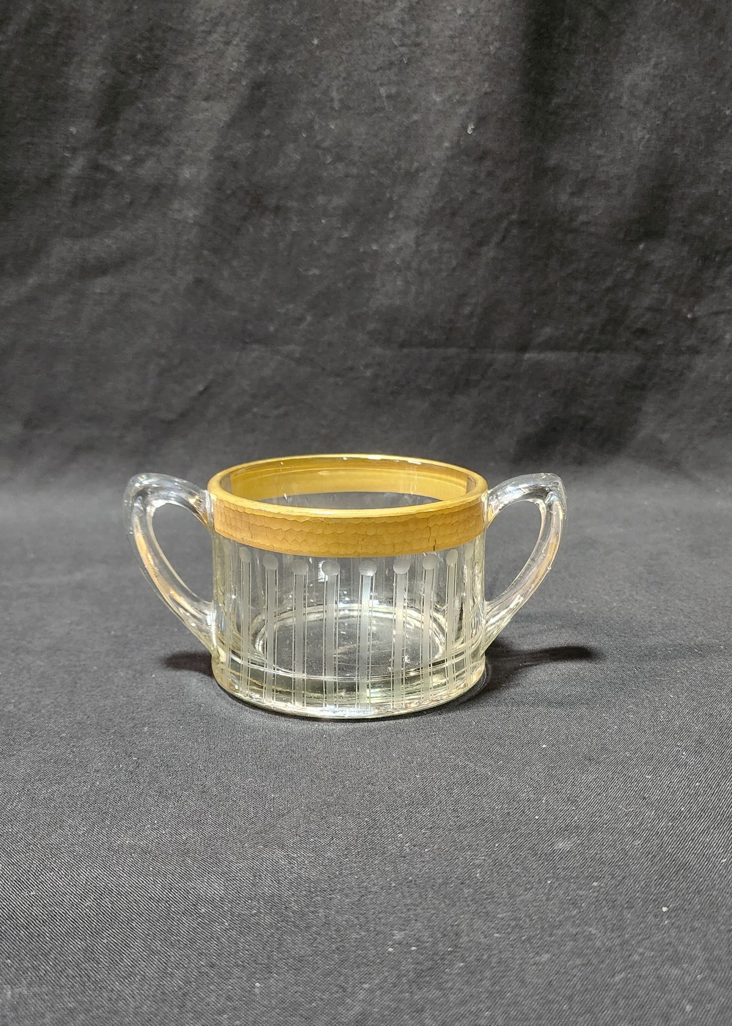 Heisey Open Sugar Bowl Heavy Gold Trim Vertical Etching in the Art Deco Style