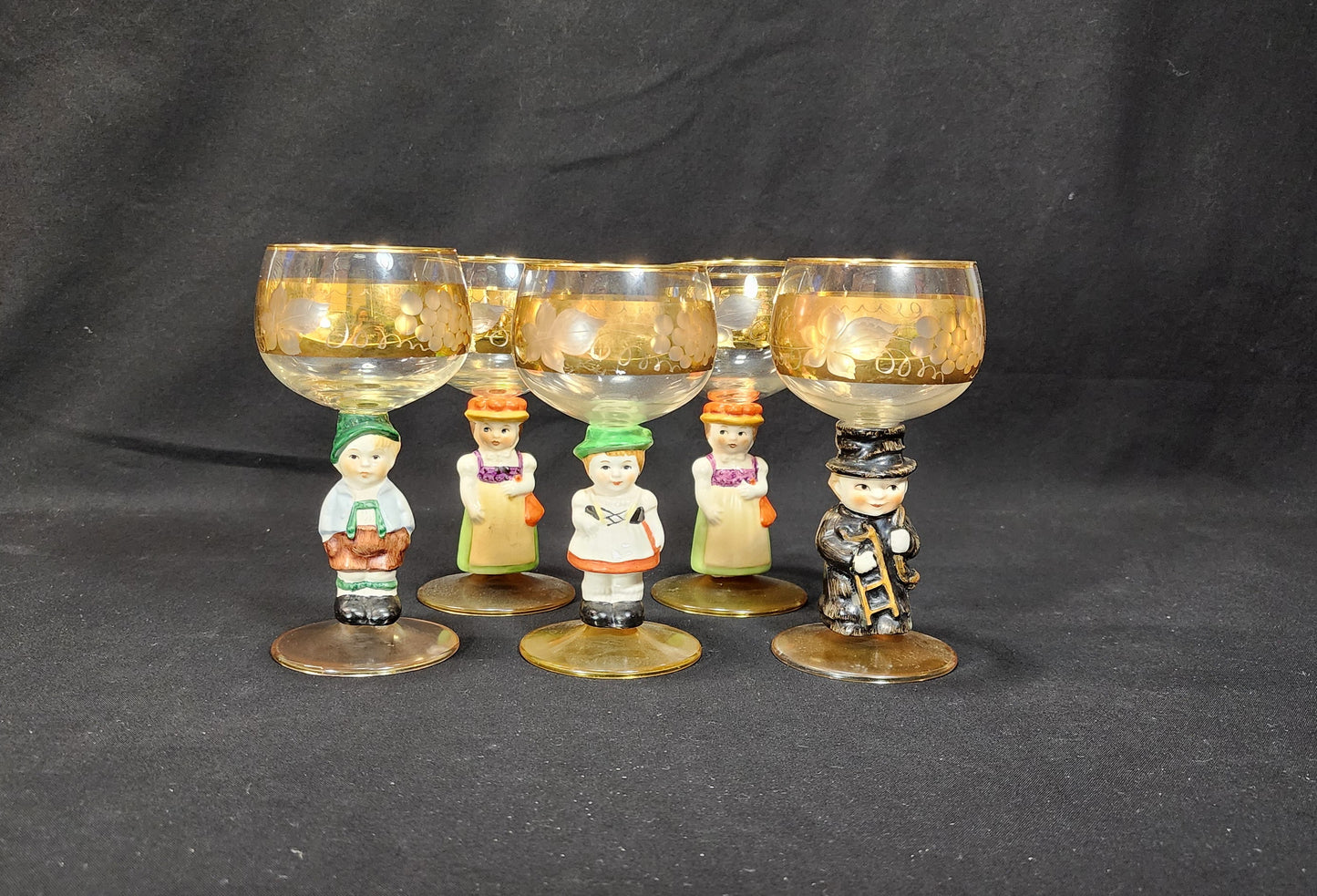 Set of 5 Vintage Goebel Hummel Figural Wine Glasses marked Western Germany