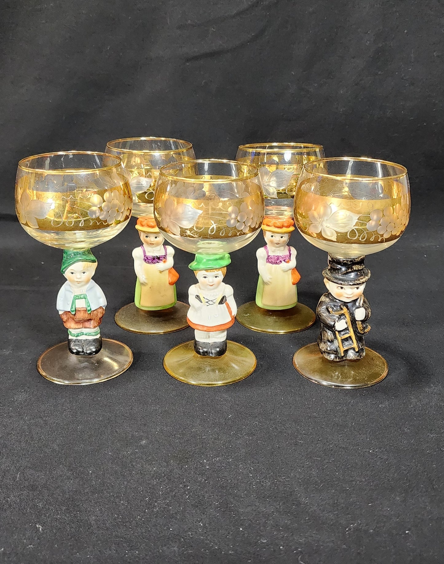 Set of 5 Vintage Goebel Hummel Figural Wine Glasses marked Western Germany