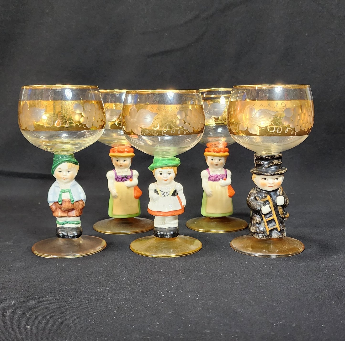 Set of 5 Vintage Goebel Hummel Figural Wine Glasses marked Western Germany