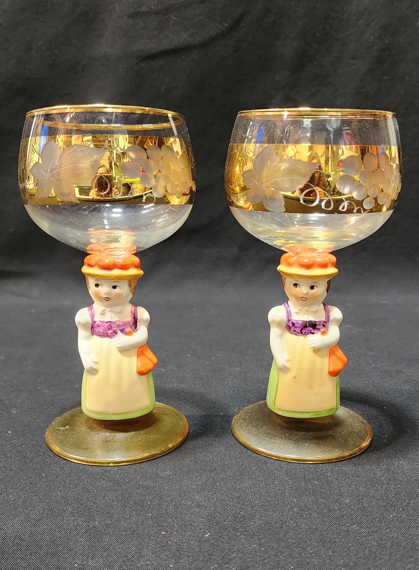 Set of 5 Vintage Goebel Hummel Figural Wine Glasses marked Western Germany