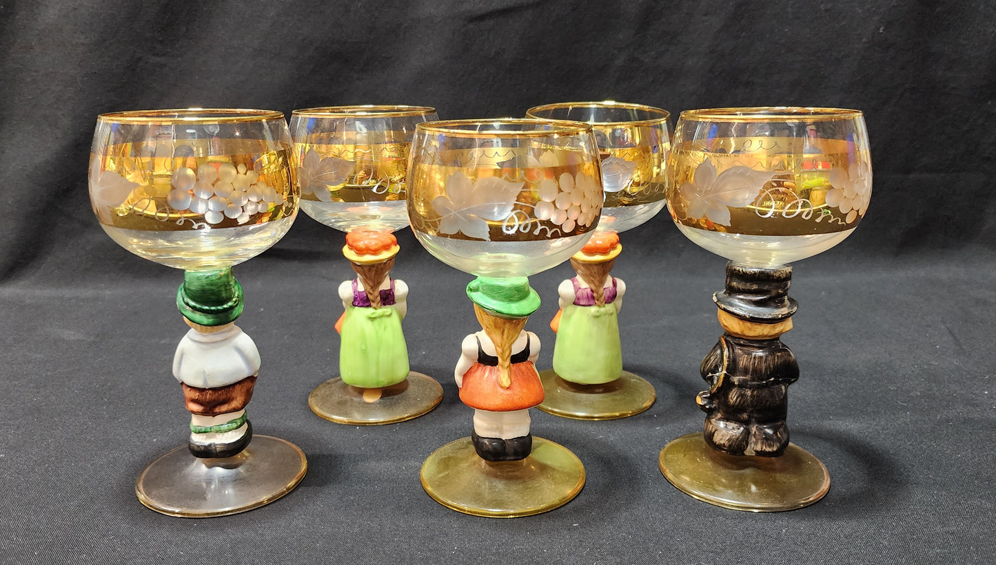 Set of 5 Vintage Goebel Hummel Figural Wine Glasses marked Western Germany