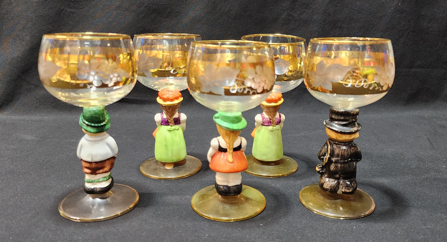 Set of 5 Vintage Goebel Hummel Figural Wine Glasses marked Western Germany