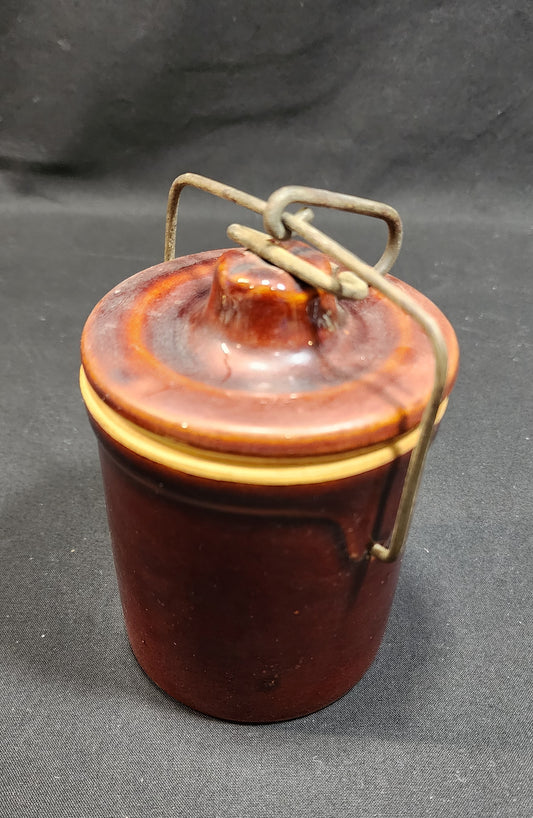 Vintage Brown Glazed Stoneware Cheese Crock with Wire Bale Locking Lid